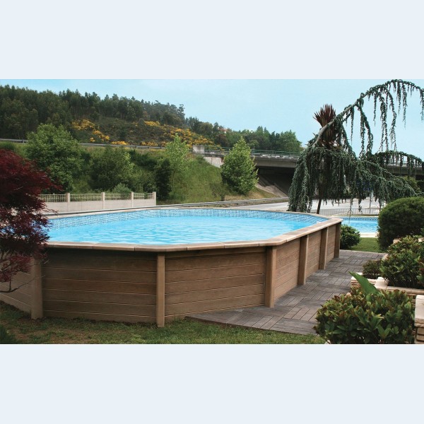 Piscina Seminterrata effetto legno in pietra ricostruita decagonale allungata NATURALIS 6,35 x 4,72
