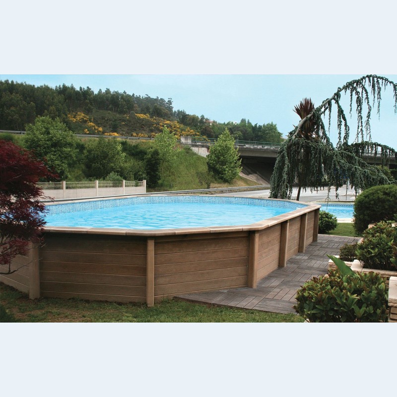 Piscina Seminterrata effetto legno in pietra ricostruita decagonale allungata NATURALIS 6,35 x 4,72